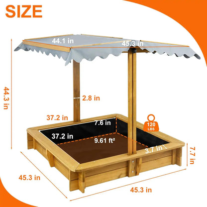 Outdoor kids’ sandbox with foldable lid in brown finish