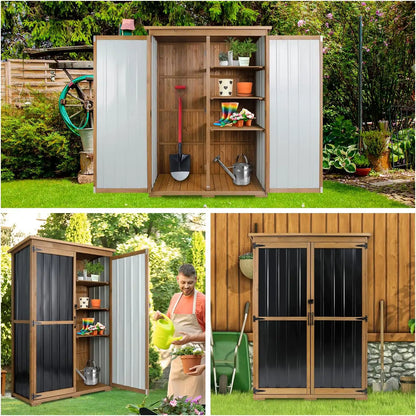 Outdoor storage cabinet with three interior shelves and double doors