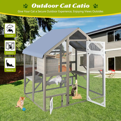 Wooden cat run with secure mesh panels for outdoor play