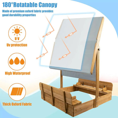 Outdoor kids’ sandbox with rotatable and height-adjustable canopy