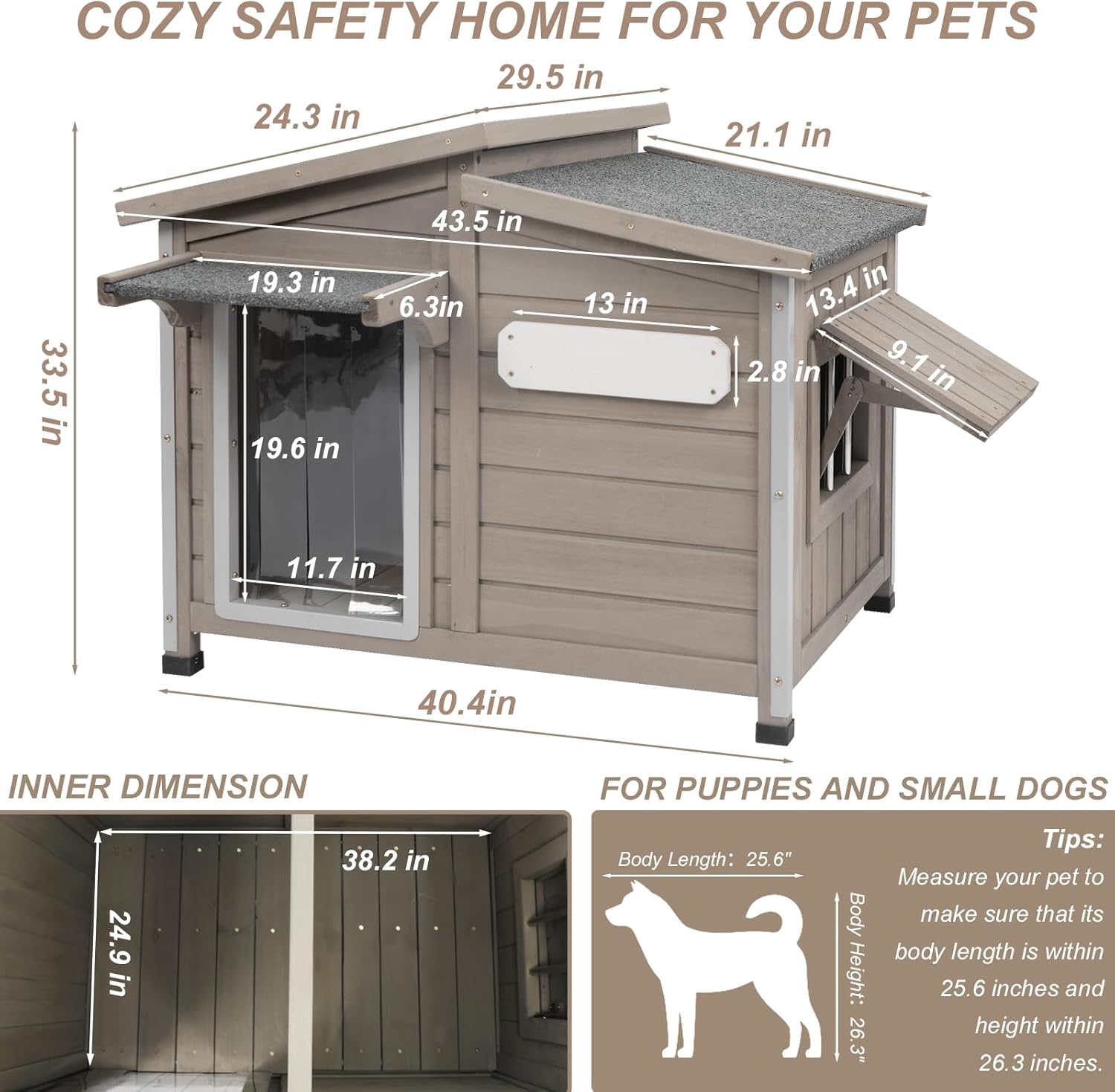 Medium dog kennel with weatherproof wood panels and metal edges