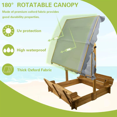 Brown kids sandbox with foldable cover in backyard setting