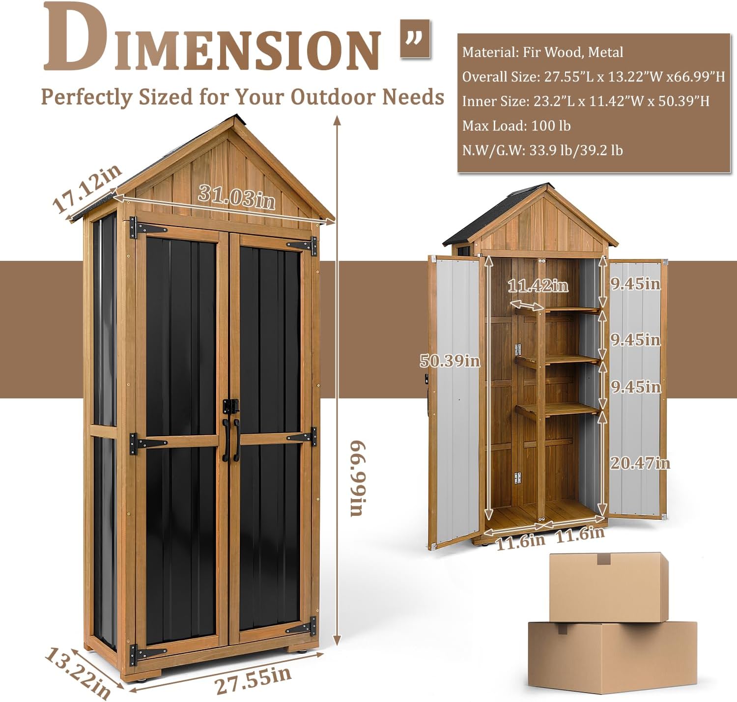 Compact brown garden tool cabinet with dual doors