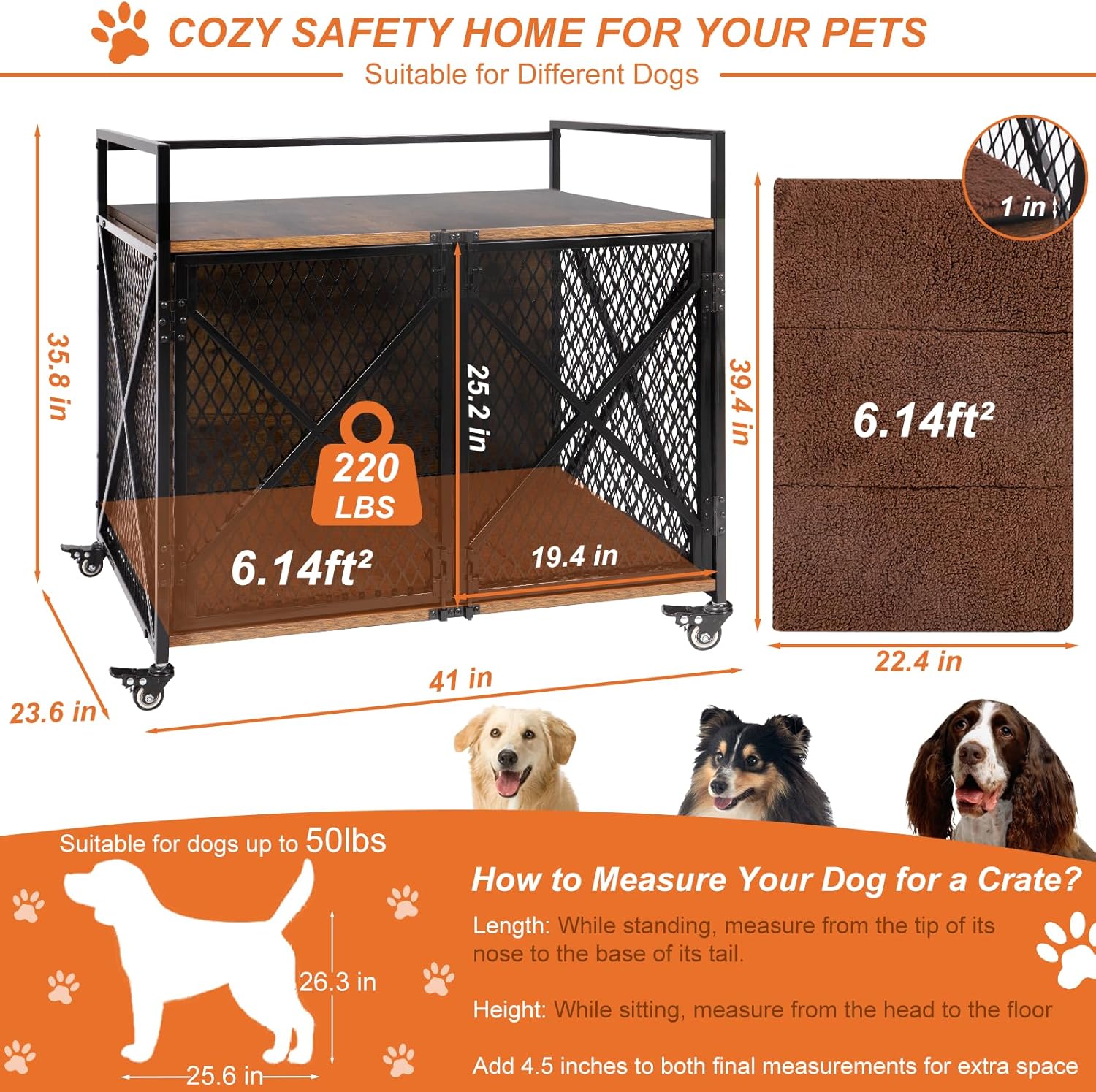 Large indoor dog kennel with wooden frame and front door