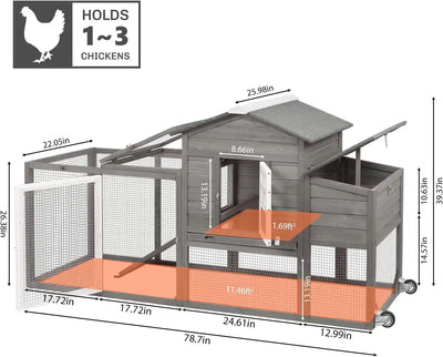 PETSCOSSET 78.7" Chicken Coop with Run Large Wooden Chicken House with Wheels, Combinable, Gray