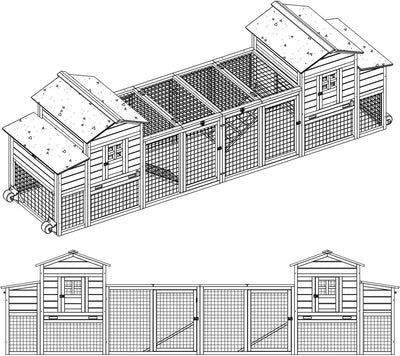 Large wooden chicken house with white trim and asphalt roof