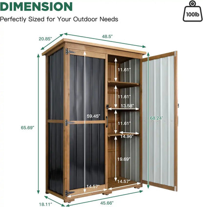 Side view of freestanding garden storage unit in brown