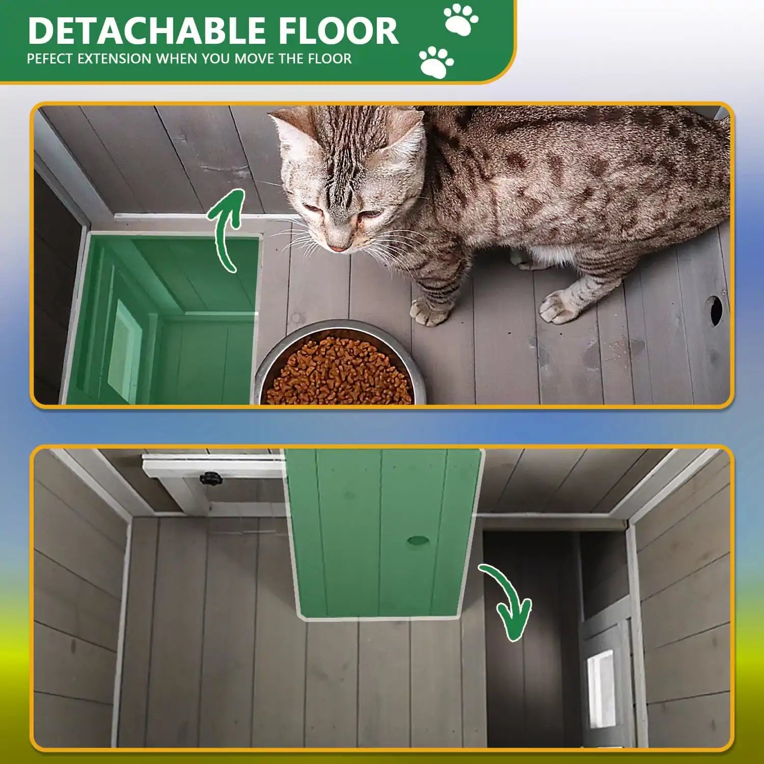 Grey wooden cat house with sturdy construction and waterproof roof