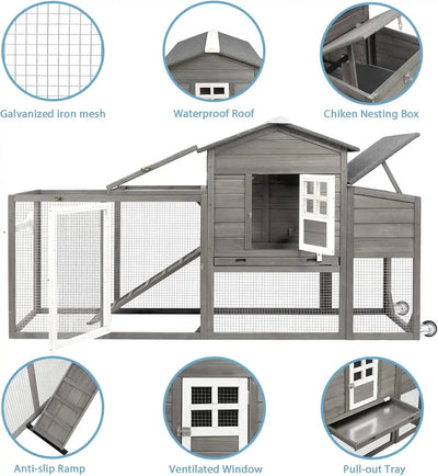 PETSCOSSET 78.7" Chicken Coop with Run Large Wooden Chicken House with Wheels, Combinable, Gray