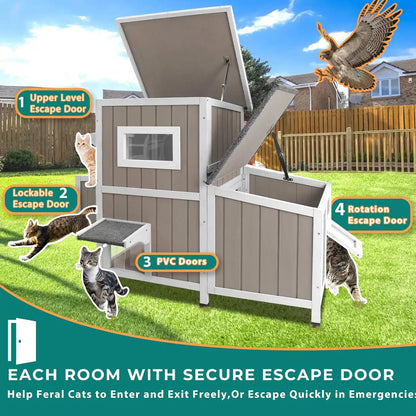 Side view of PET19 cat house showing multiple exit doors