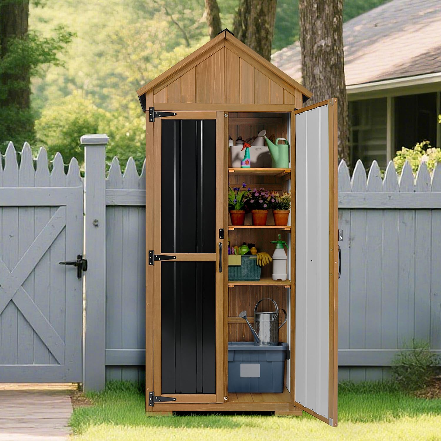 Wooden storage shed with waterproof roof for outdoor use