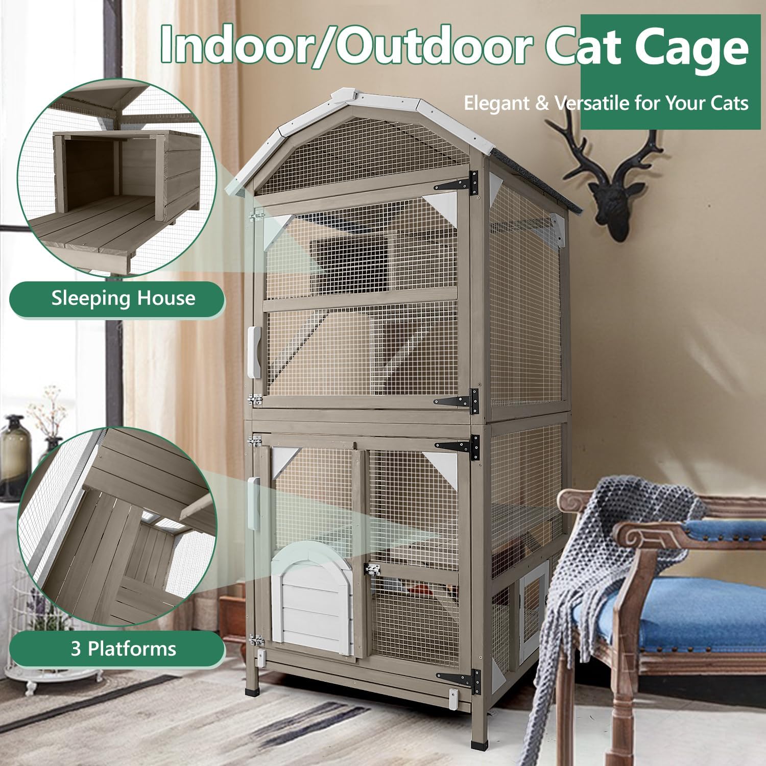 PETSCOSSET CAT12 Cat House Outdoor Cat Enclosure,70.9/34.6/34.6in,Grey