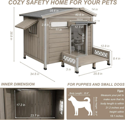 Weather-resistant grey dog shelter suitable for medium-sized dogs