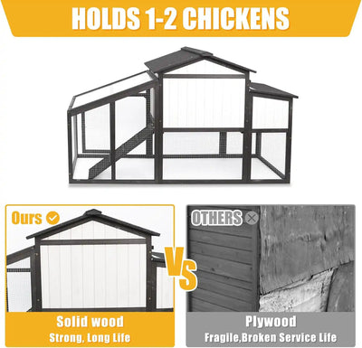 Front view of black poultry cage with white trim and ramp