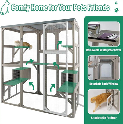 Front view of PET16 catio placed in backyard with ramp access