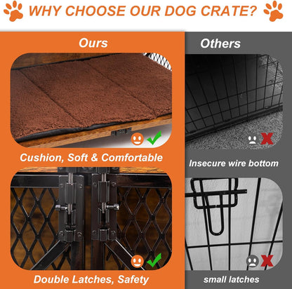Side view of wooden pet crate with locking door and casters