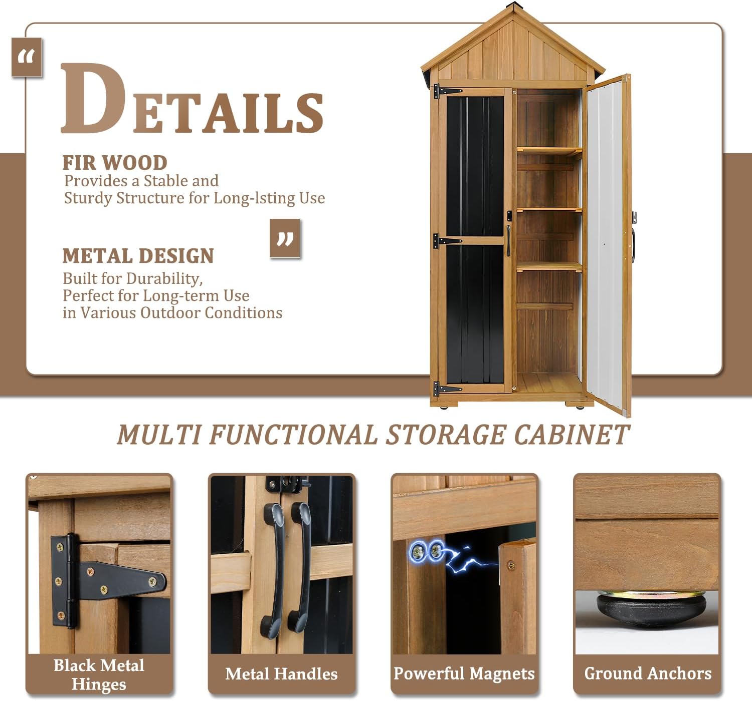 Backyard storage cabinet for gardening tools and supplies