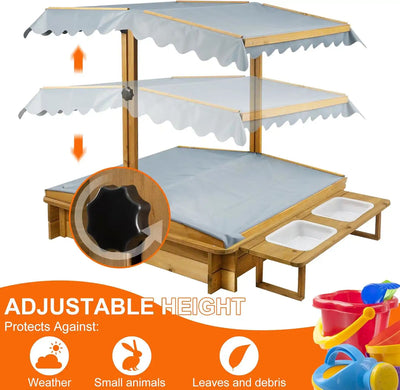 Kids playing in wooden sandbox with cover open