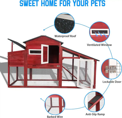 Side view of red hen house with asphalt roof and white trim