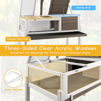 Tortoise habitat with built-in hide area and basking zone
