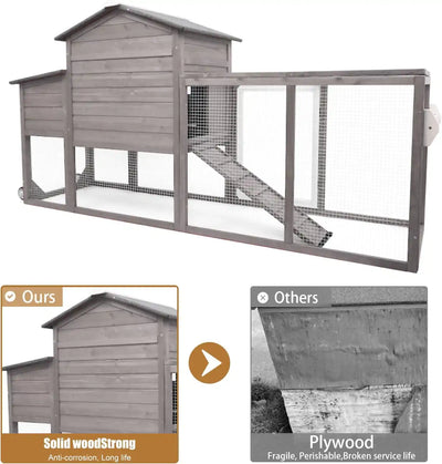 PETSCOSSET 78.7" Chicken Coop with Run Large Wooden Chicken House with Wheels, Combinable, Gray