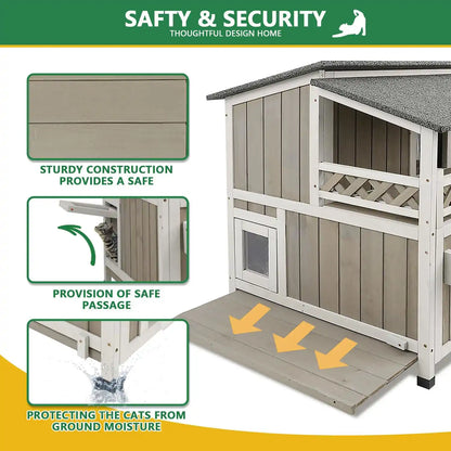Weather-resistant wooden cat house for outdoor use