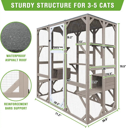 PETSCOSSET 71″ Catio Outdoor Cat Enclosure Large Wooden Cat House with 5 Platforms for Multiple Cats,Wood