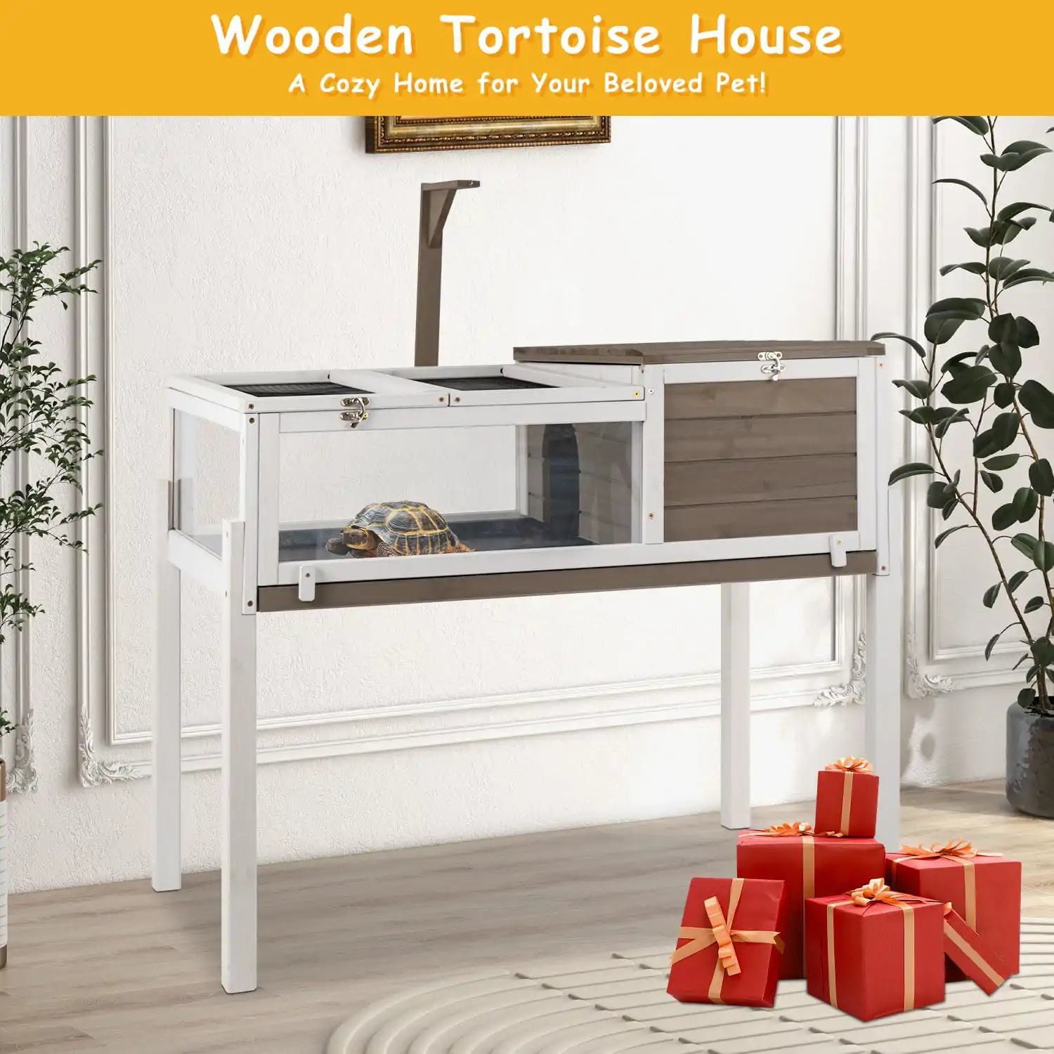 Indoor turtle enclosure placed on wooden floor