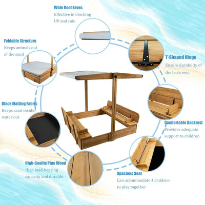 Sandbox with foldable lid that transforms into bench seats