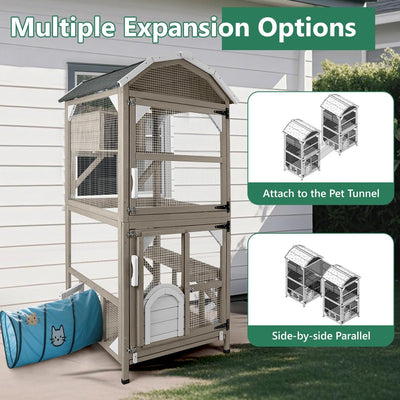 Grey wooden cat house with ventilation and safety mesh