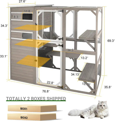 Spacious gray catio with secure wire mesh for predator protection