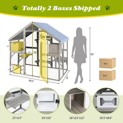 Outdoor cat playhouse with bridges, ramps, and sunbathing zones