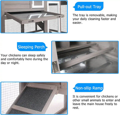 Raised chicken coop with enclosed roosting area and lower run