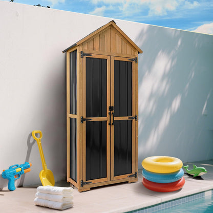 Outdoor wooden shed with slanted waterproof roof design