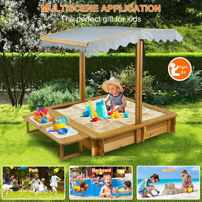 Compact wooden sandbox with functional lid design