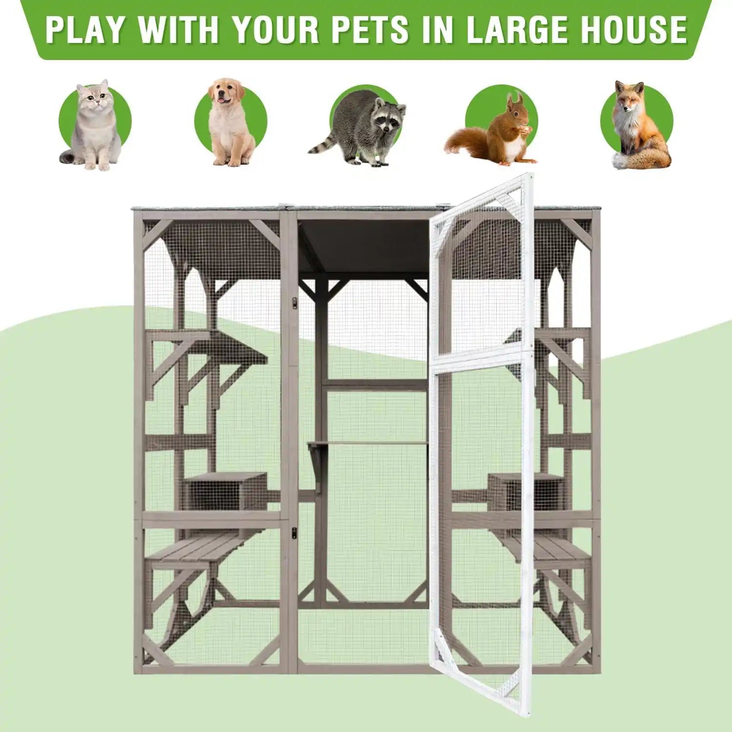 PETSCOSSET 71″ Catio Outdoor Cat Enclosure Large Wooden Cat House with 5 Platforms for Multiple Cats,Wood