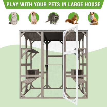 PETSCOSSET 71″ Catio Outdoor Cat Enclosure Large Wooden Cat House with 5 Platforms for Multiple Cats,Wood