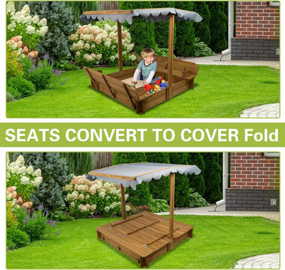 Kids' sandbox placed on lawn with toys inside