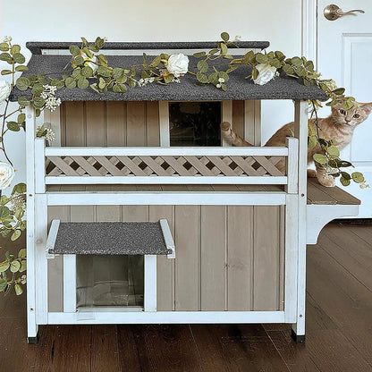 PETSCOSSET PET14 grey two-story wooden feral cat house with balcony