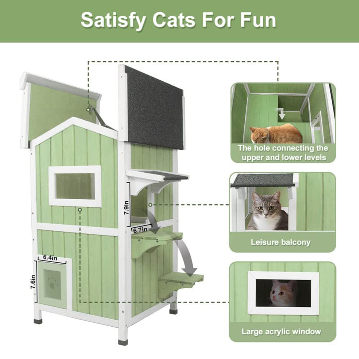 PETSCOSSET Two-Story Outdoor Cat House, Weatherproof Wooden Feral Cat Shelter