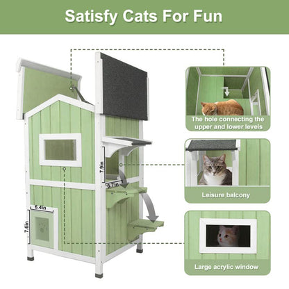PETSCOSSET Two-Story Outdoor Cat House, Weatherproof Wooden Feral Cat Shelter