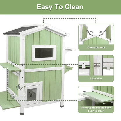 PETSCOSSET Two-Story Outdoor Cat House, Weatherproof Wooden Feral Cat Shelter