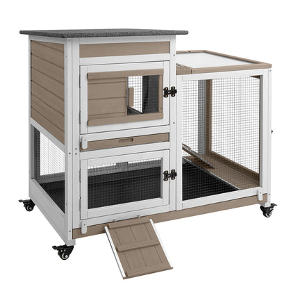 PETSCOSSET 40″L Wooden 2 Story Rabbit Hutch on 4 Metal Wheels with Run Guinea Pig Pet House for Small to Medium Animals,White/Grey
