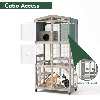 Rolling Wooden Catio with Platforms, Cat Condo & Clear Lounge Area-PET95