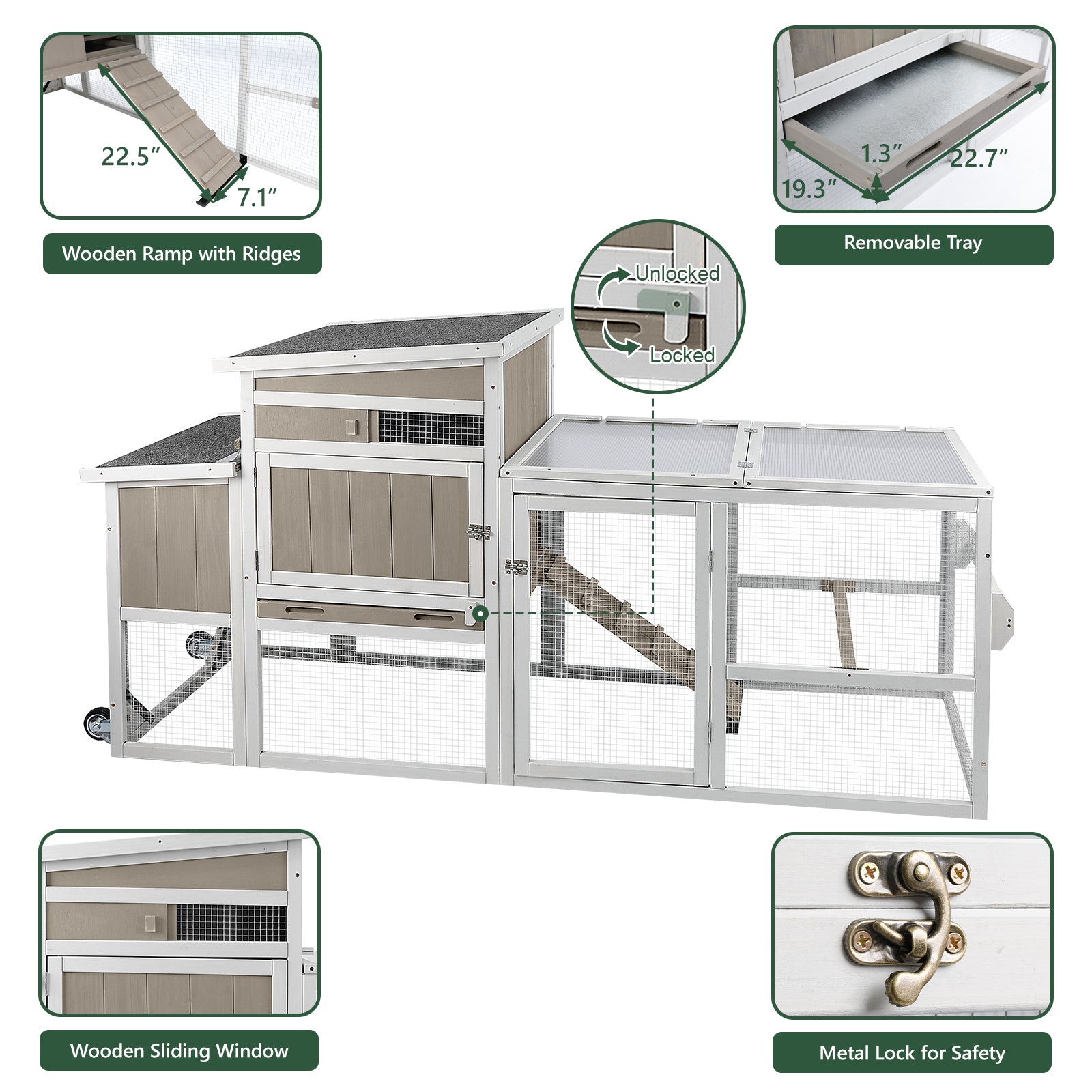 Medium Chicken Coop with Run for 2-6 Chickens with Wheels - PET23NEW