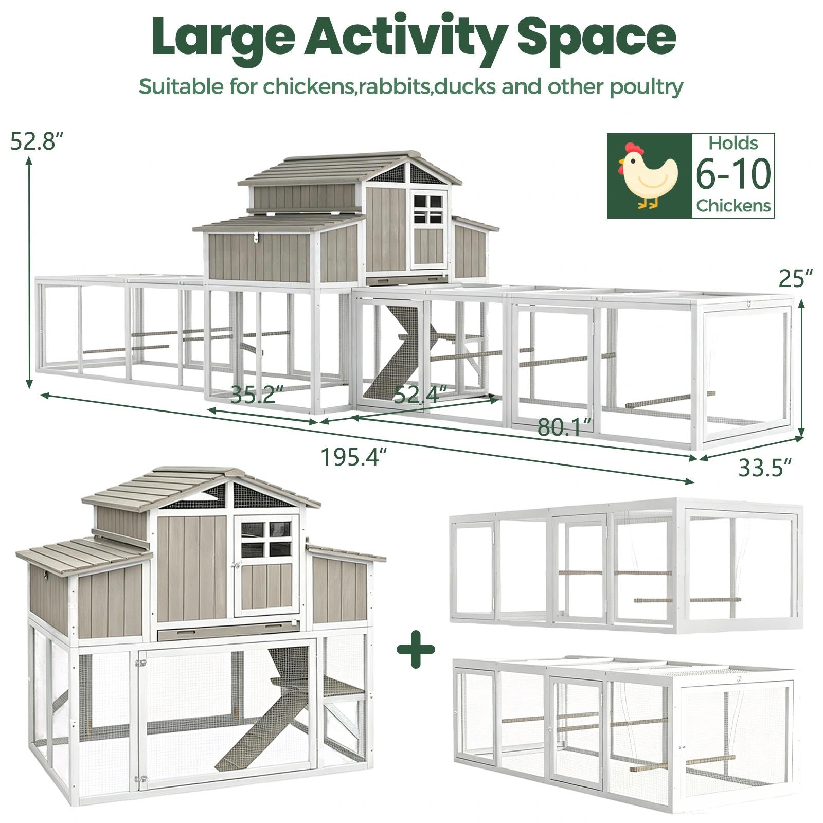 Large Expandable Chicken Coop – Predator-Proof Modular Hen House with Run (PET85 + PET88 Extensions)