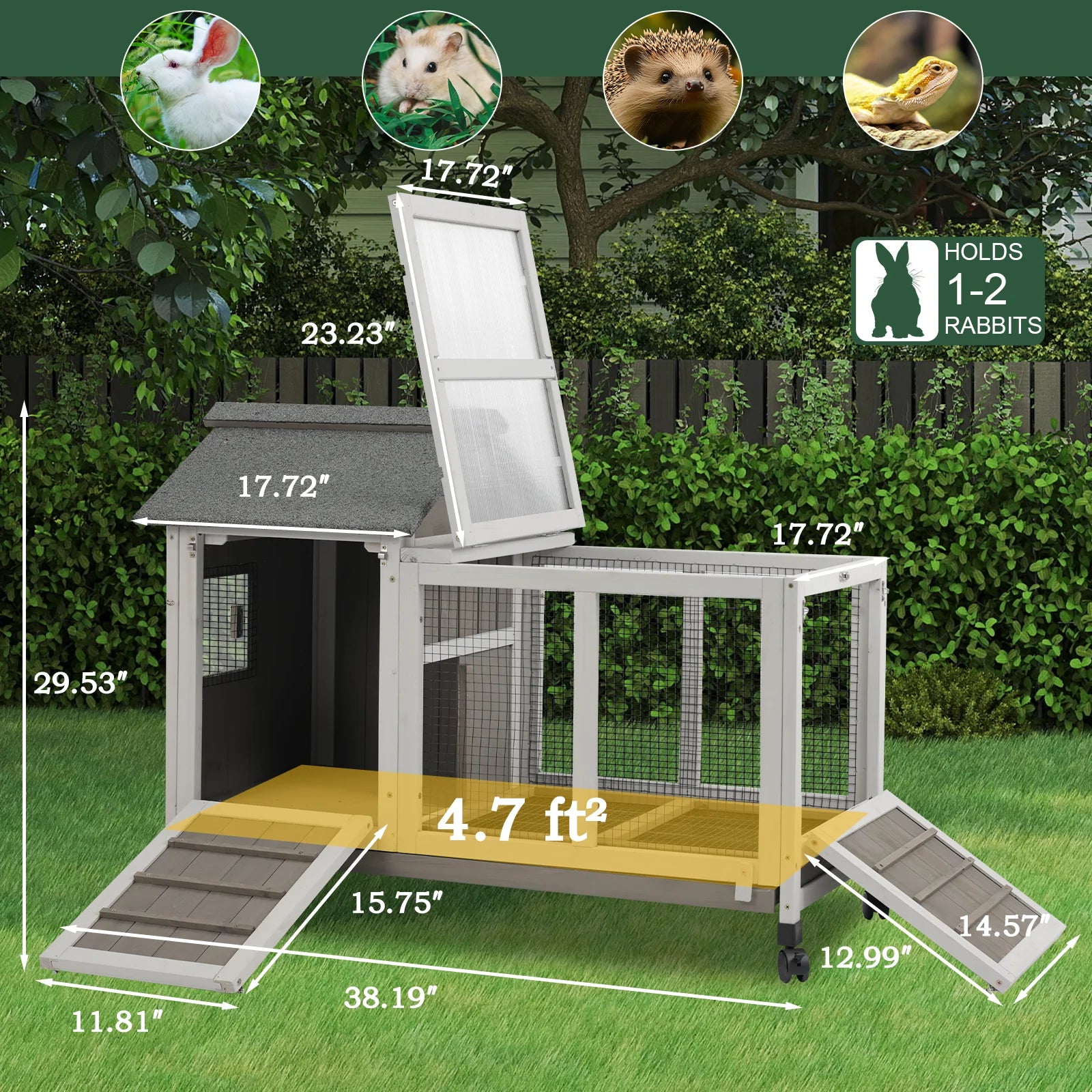 Wooden bunny cage with pull-out tray and sunroom design