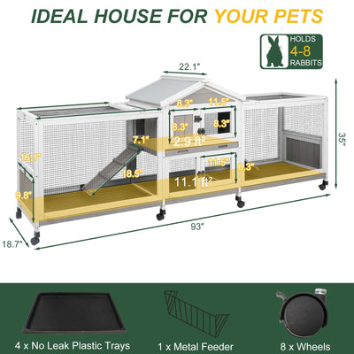 Wooden 2-story rabbit cage with waterproof roof and wheels