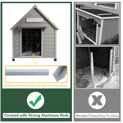 Wooden doghouse with raised base and waterproof roof