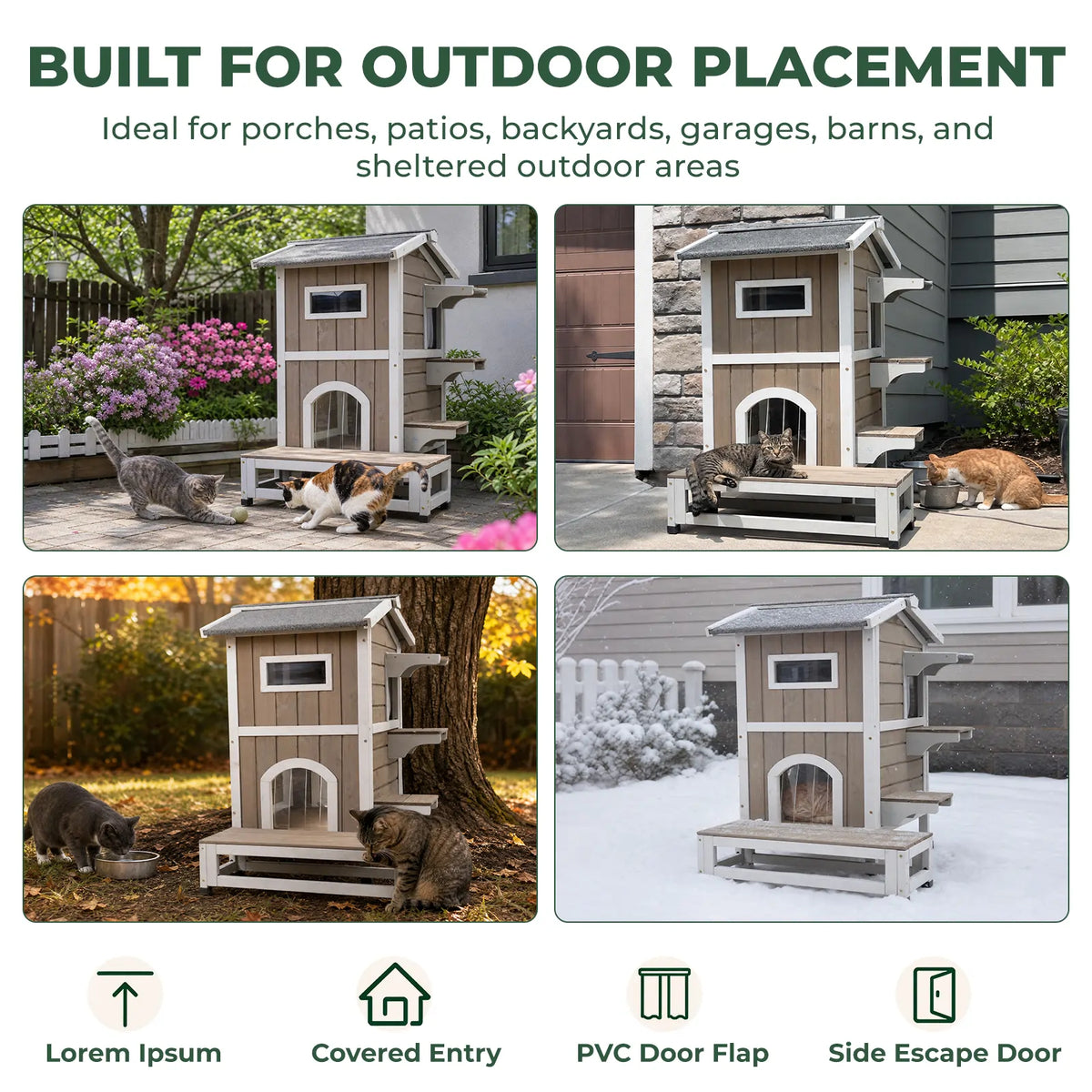 2-Story Insulated Wooden Cat House with Balcony & Escape Door- PET71-TI